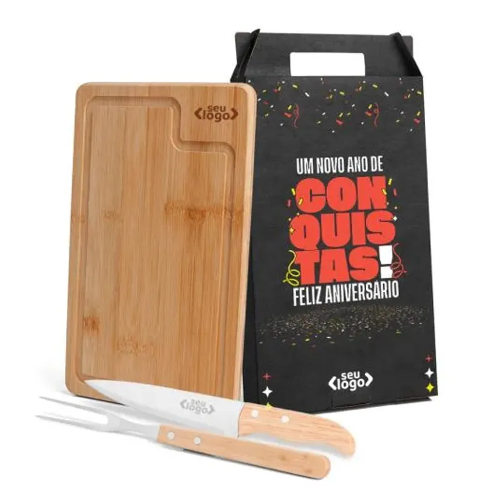 Kit Churrasco 3 Peças – Personalizado com Tábua de Bambu e Utensílios em Inox-MX-19066