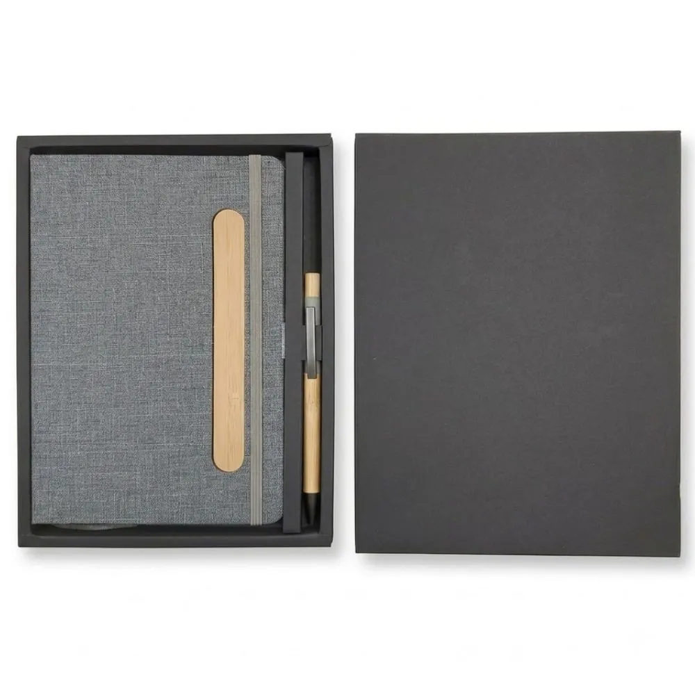 Kit Executivo com Bloco de Anotações em Tecido com Suporte para Celular, Caneta de Bambu e Estojo-HXZ0066