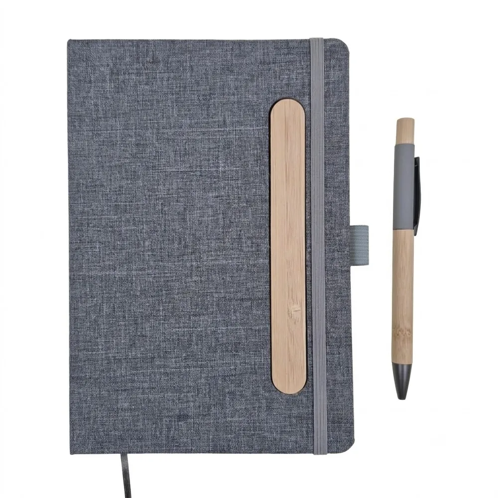 Kit Executivo com Bloco de Anotações em Tecido com Suporte para Celular, Caneta de Bambu e Estojo