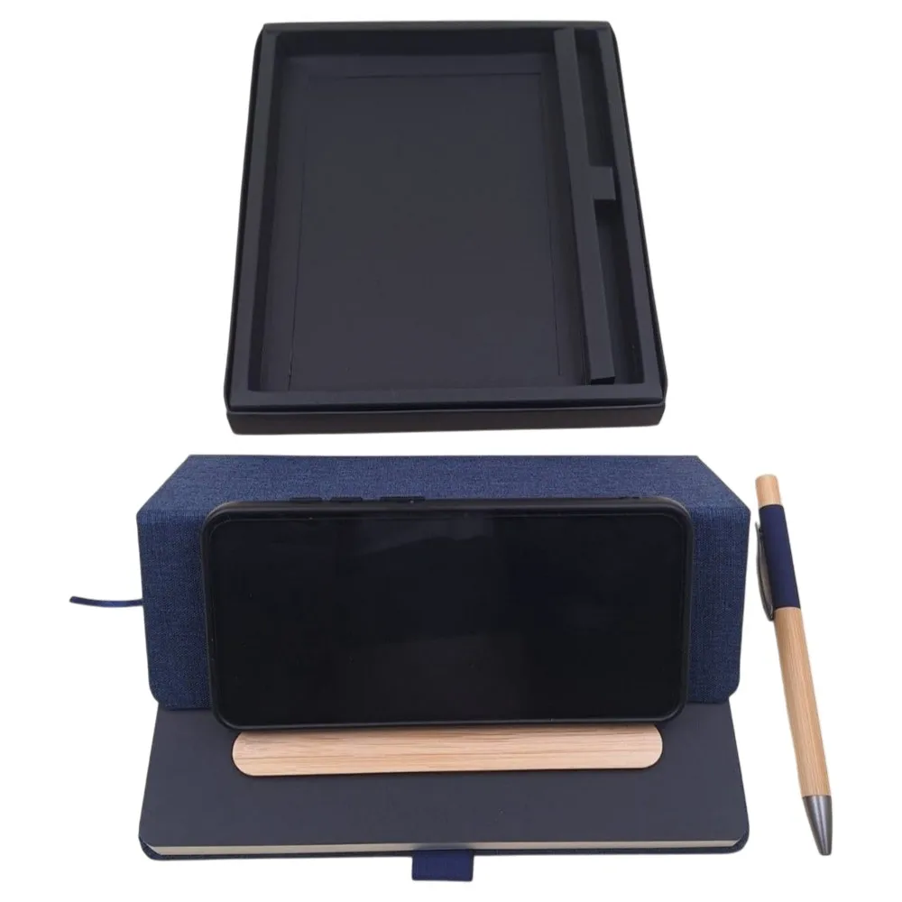 Kit Executivo com Bloco de Anotações em Tecido com Suporte para Celular, Caneta de Bambu e Estojo