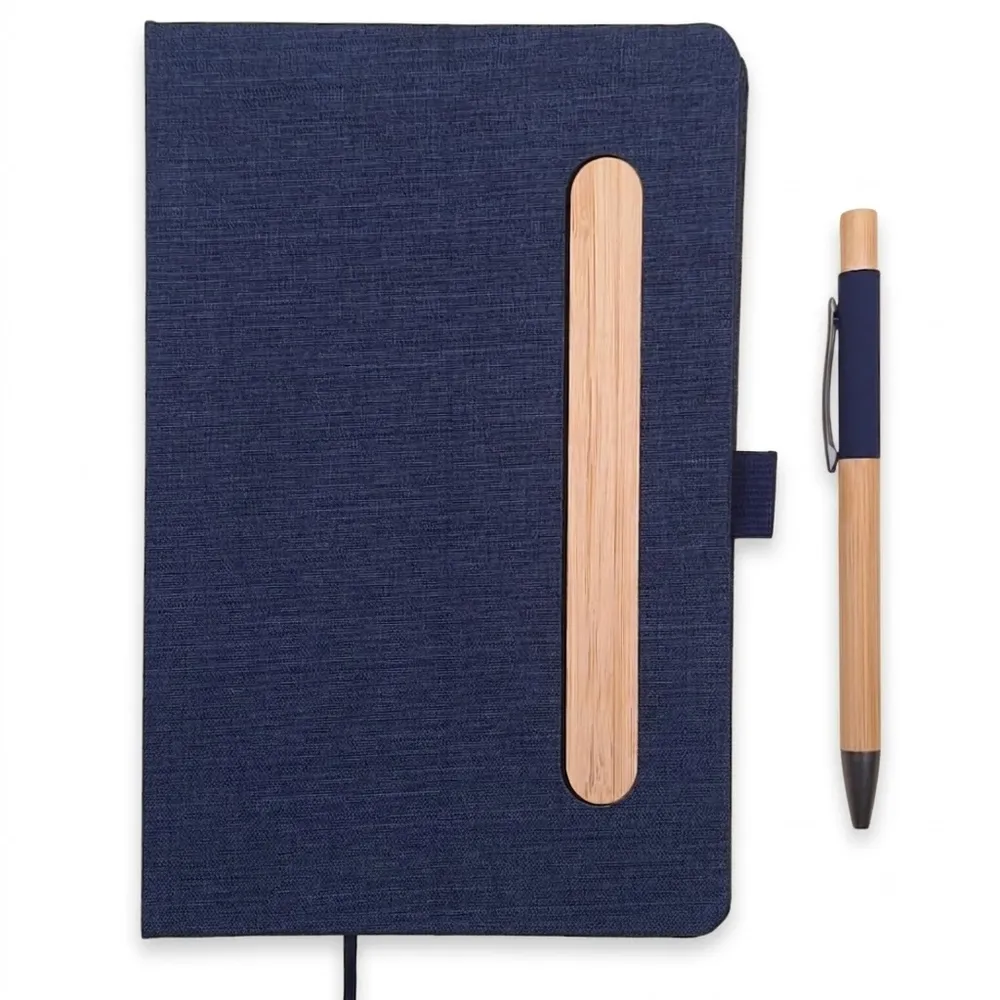 Kit Executivo com Bloco de Anotações em Tecido com Suporte para Celular, Caneta de Bambu e Estojo