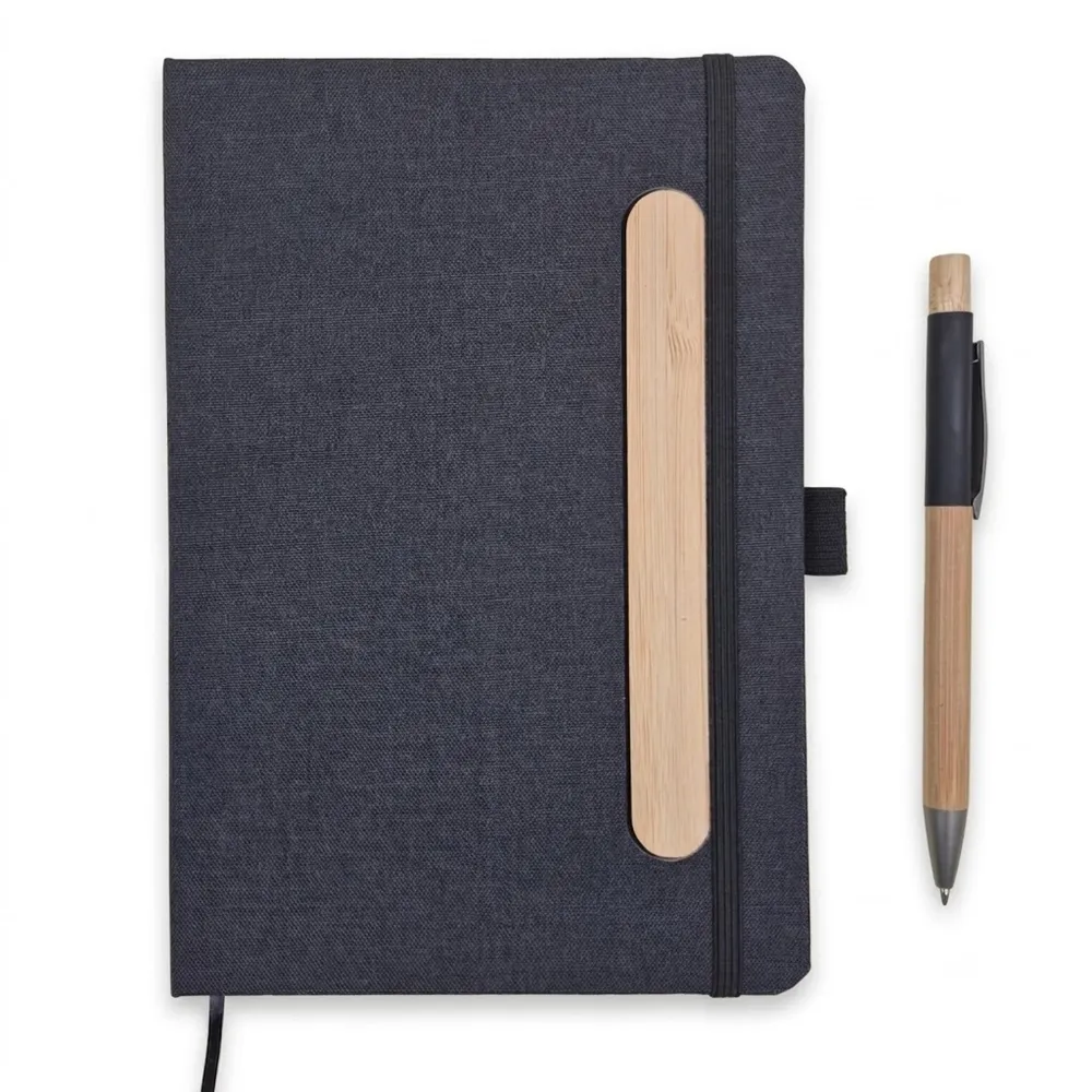 Kit Executivo com Bloco de Anotações em Tecido com Suporte para Celular, Caneta de Bambu e Estojo