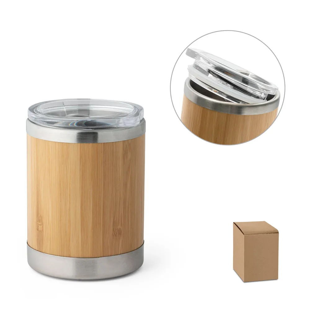 LYCKA. Copo de viagem em aço inox e bambu, térmico com parede dupla isolada a ar e tampa AS com fecho deslizante 350 mL