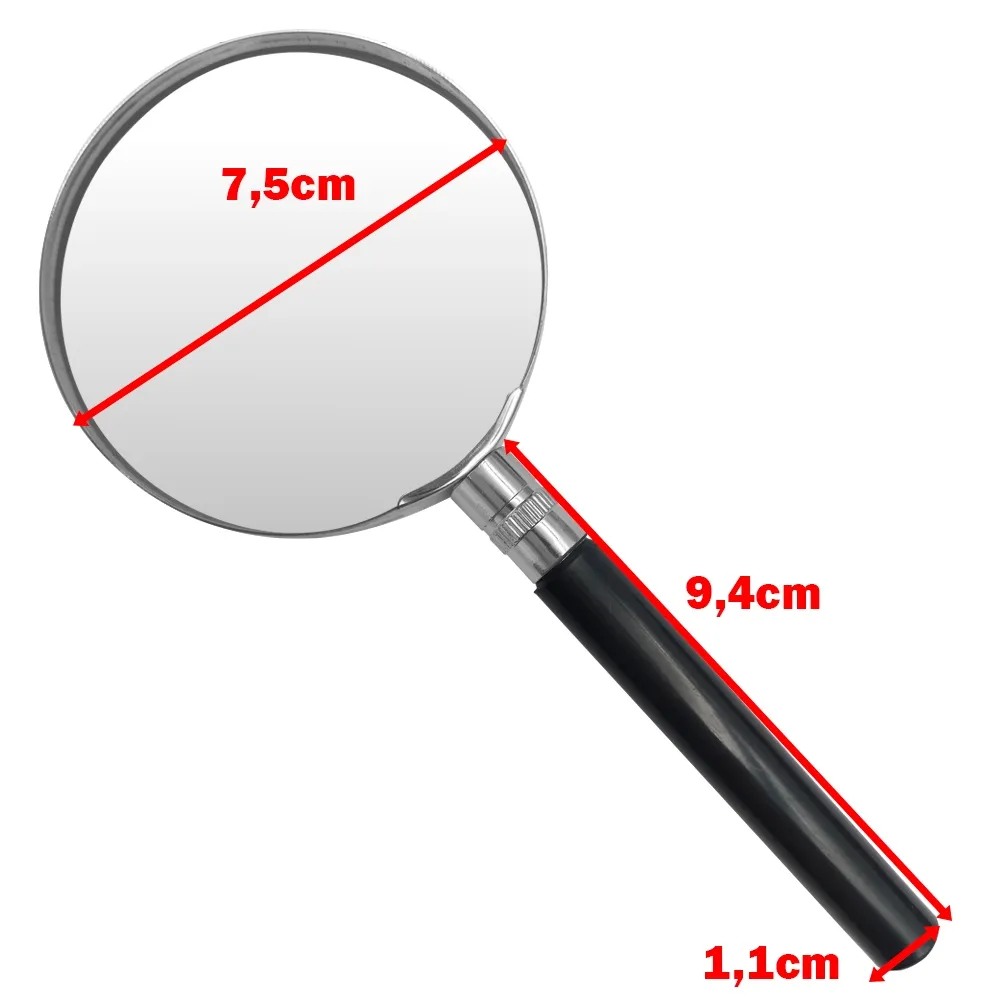 Lupa de 75mm com modura em Metal e Cabo de Plásticoo Aumento 4x