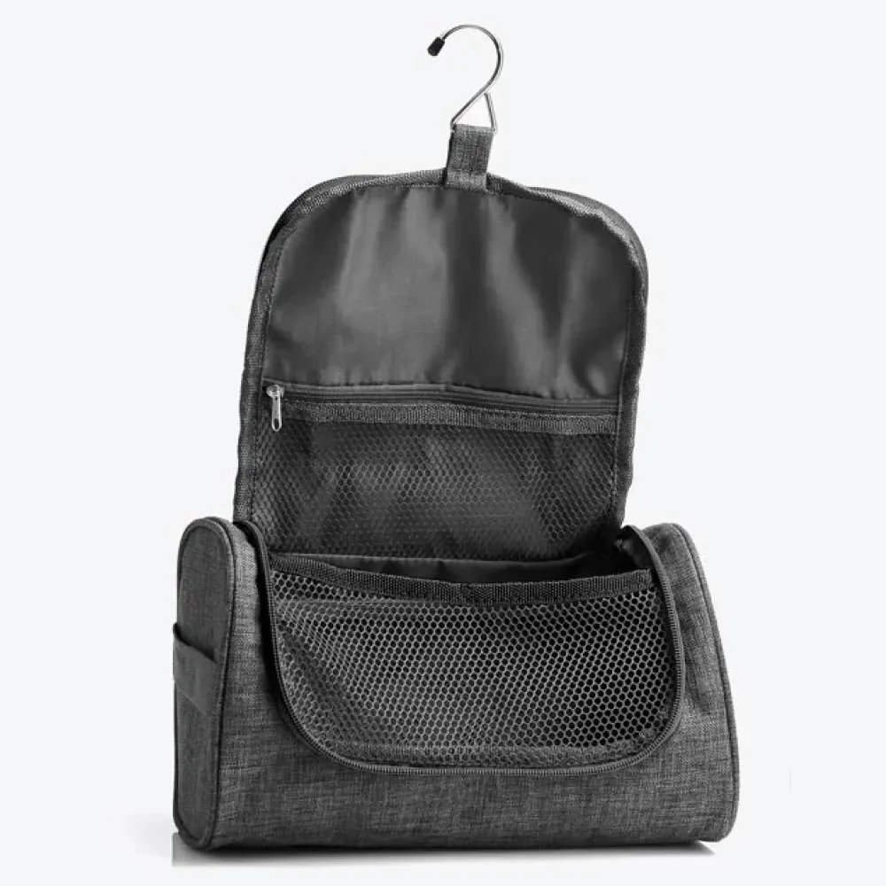 NECESSAIRE EM POLIESTER 300D COM GANCHO MELANGE CINZA