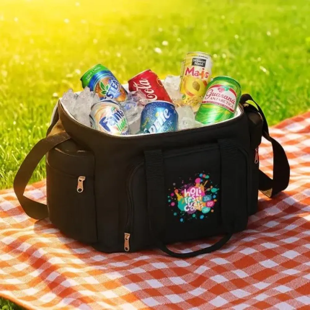 BOLSA TÉRMICA PRETA EM POLYESTER 600D, 300D E PEVA - 15L