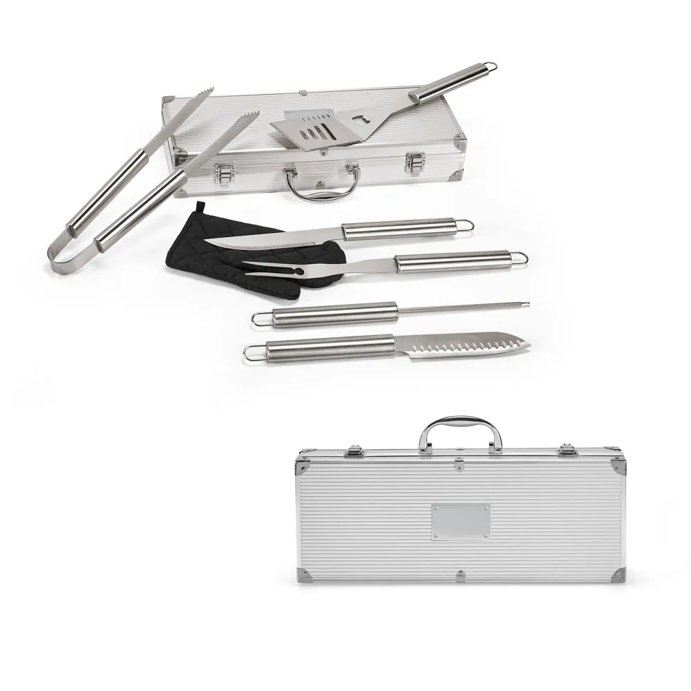 MACE. Kit churrasco em estojo de alumínio com luva de cozinha em poliéster e 6 utensílios em aço inox-003MRP93845