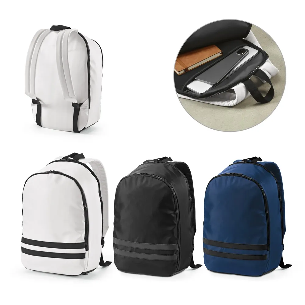 MANCHESTER NOTE. Mochila em 290T poliéster reciclado (100% rPET) em sarja com forro em 210D poliéster reciclado 15″