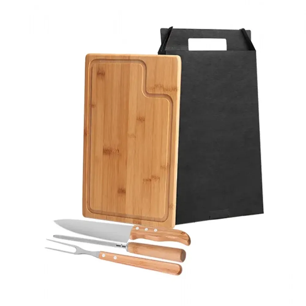 KIT PARA CHURRASCO EM BAMBU / INOX TEXAS COM CHAIRA 4 PÇS