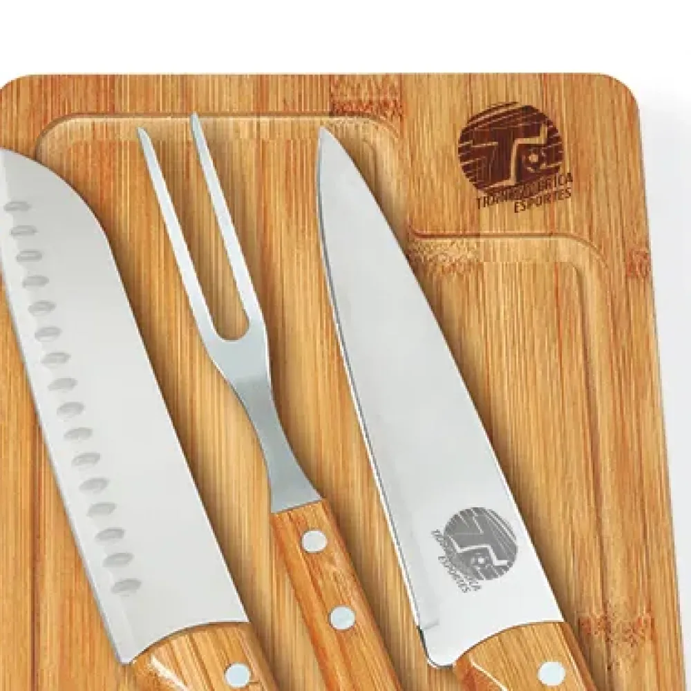 KIT PARA CHURRASCO EM BAMBU/INOX COM FACA SANTOKU - 4 PÇS-MB-19633