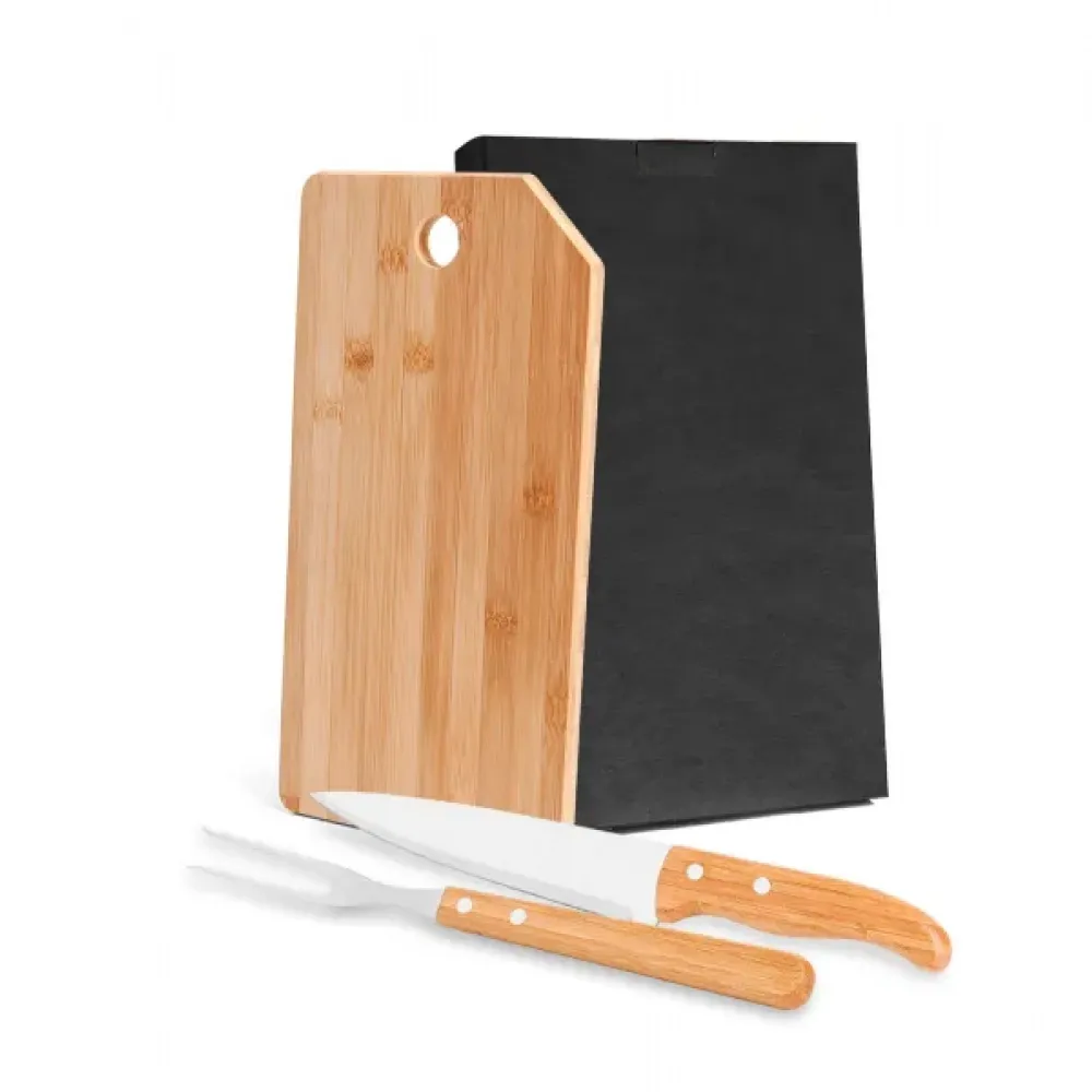 KIT PARA COZINHA EM BAMBU / INOX OREGON COM TÁBUA - 3 PÇS