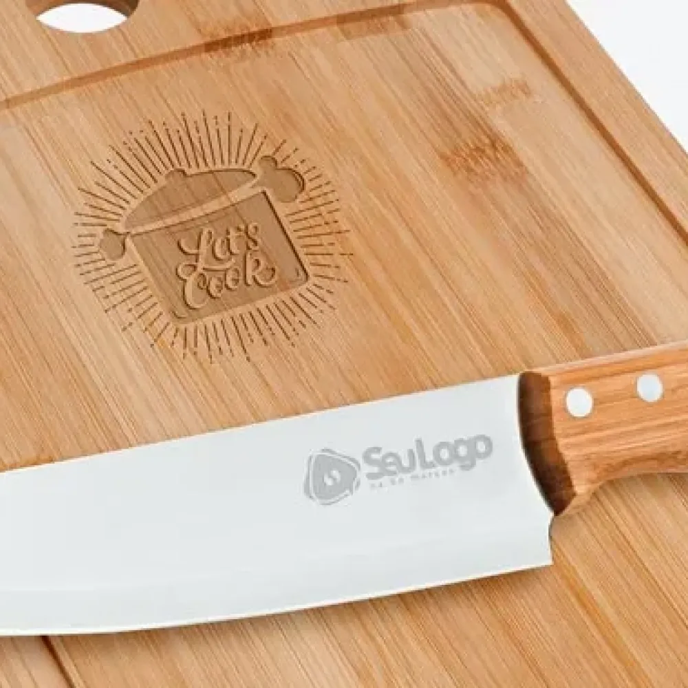 KIT COZINHA EM BAMBU COM TÁBUA E FACA SANTOKU - 4 PÇS