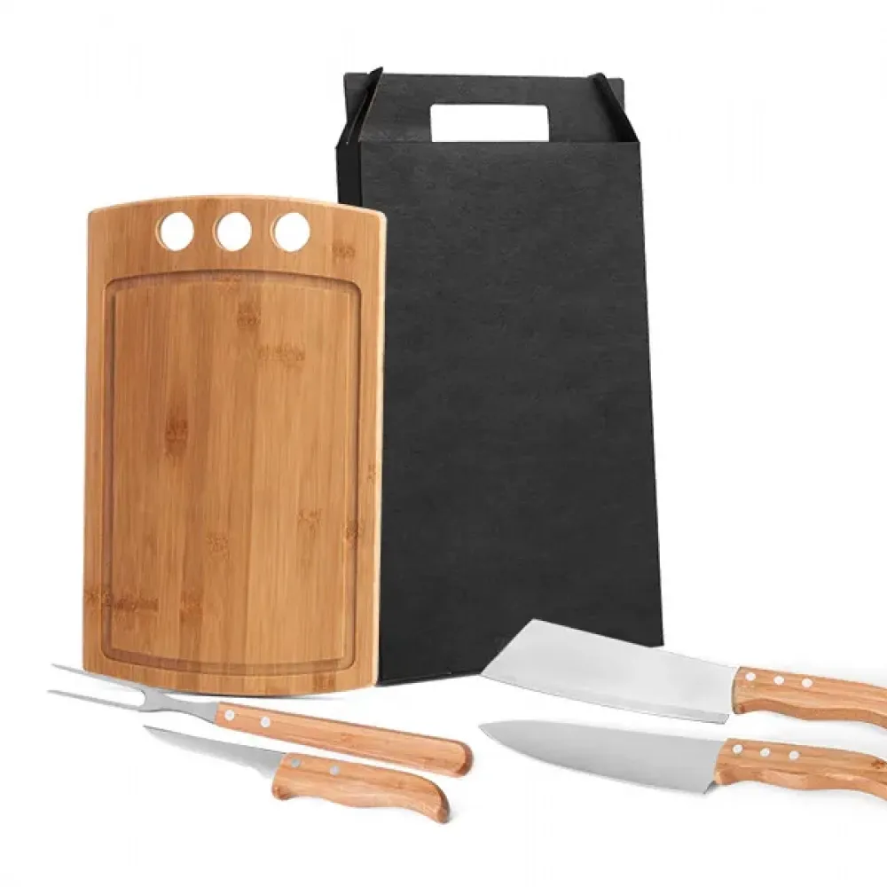 KIT PARA CHURRASCO OU COZINHA EM BAMBU / INOX - 5 PÇS