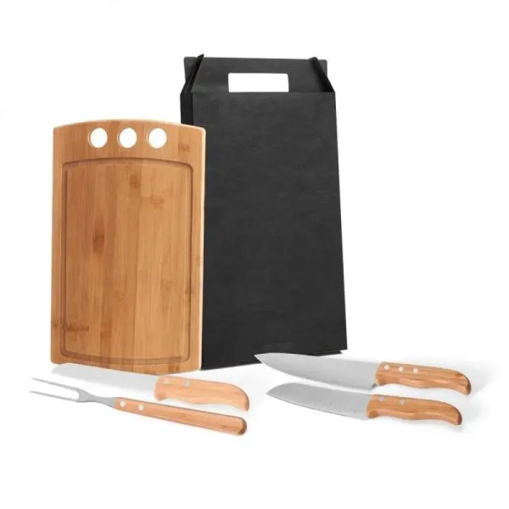 CONJ. PARA CHURRASCO E COZINHA EM BAMBU / MADEIRA / INOX - 5 PÇS-MB-21663