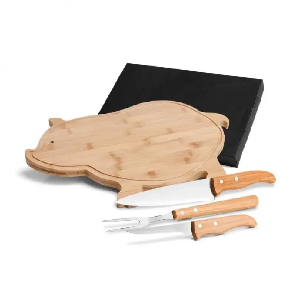 KIT PARA COZINHA COM TÁBUA PORCO EM BAMBU / MADEIRA / INOX - 4 PÇS-MB-40123