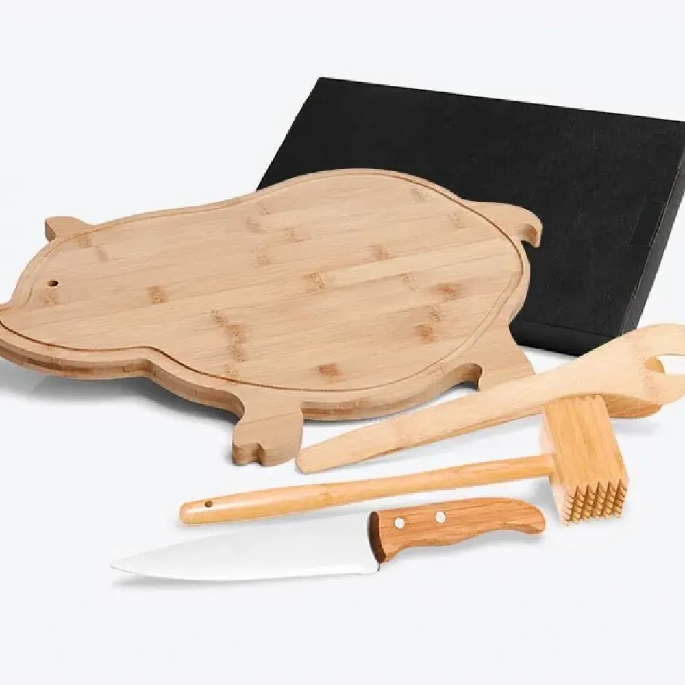 KIT PARA COZINHA EM BAMBU COM TÁBUA FORMATO PORCO-MB-40303