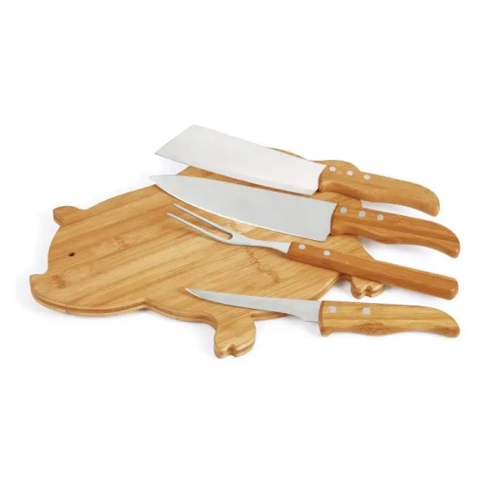 KIT PARA COZINHA COM TÁBUA PORCO EM BAMBU / MADEIRA / INOX - 5 PÇS-003MRPMB-40683