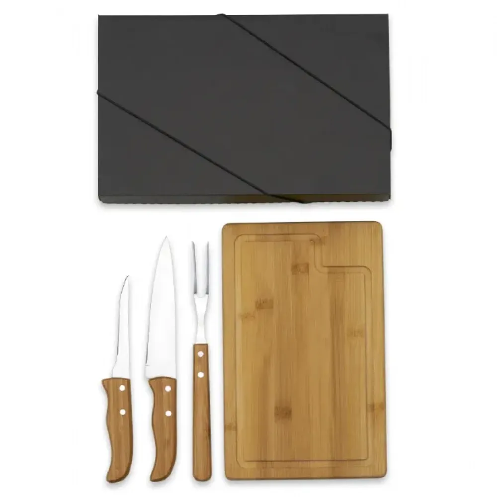 KIT PARA CHURRASCO EM BAMBU / MADEIRA / INOX - 4 PÇS