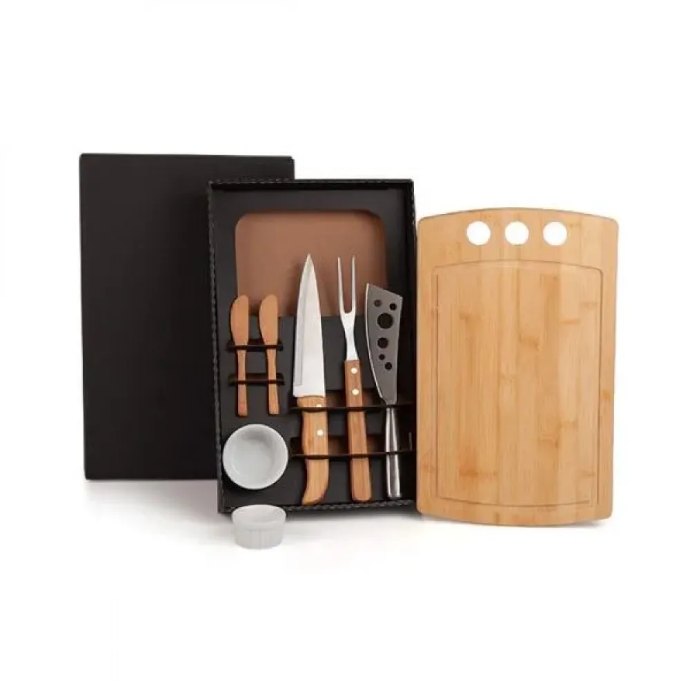 CONJ. PARA CHURRASCO E PETISCO EM BAMBU / MADEIRA / INOX - 2 EM 1-ME-21013