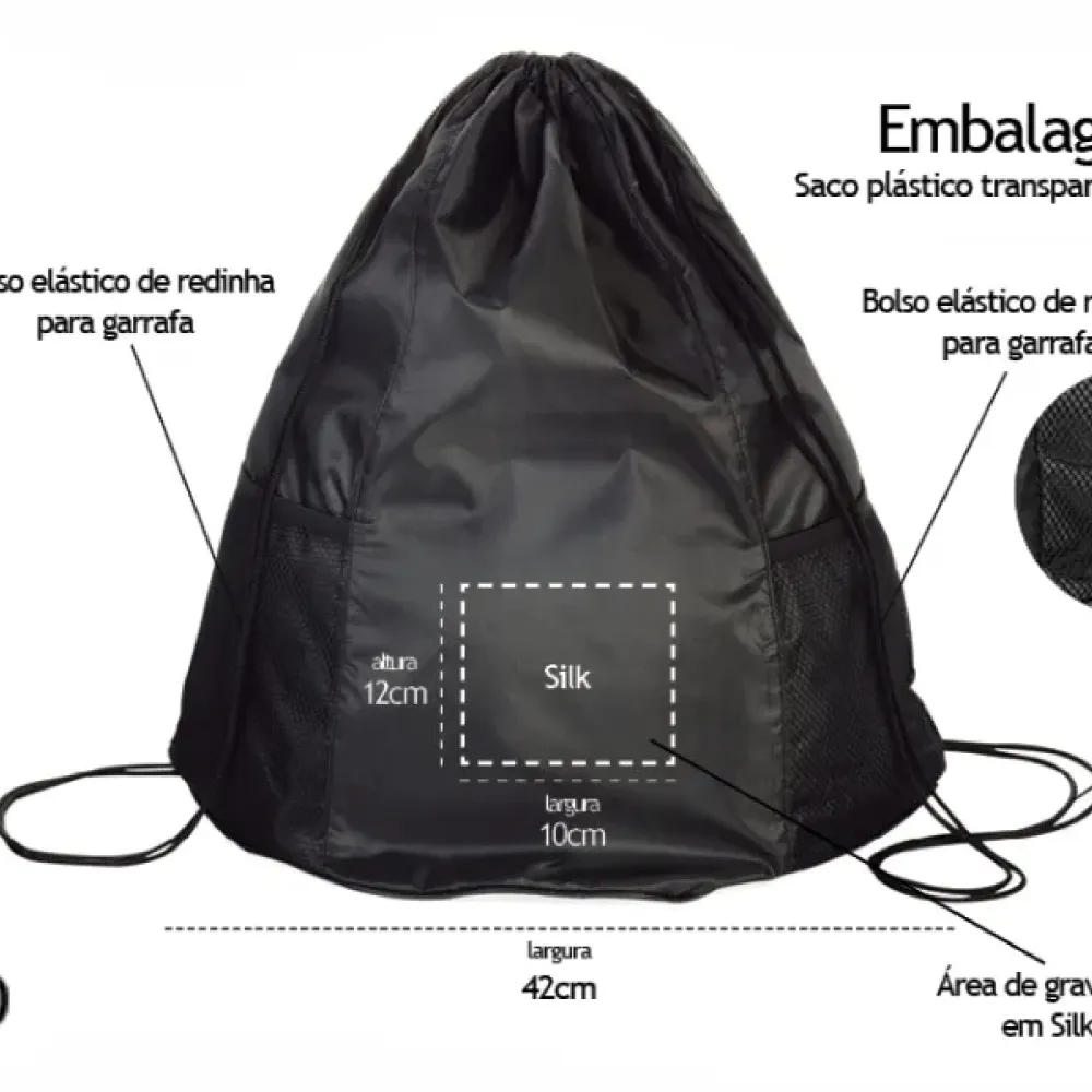MOCHILA SACOLA PRETA EM NYLON - 20L