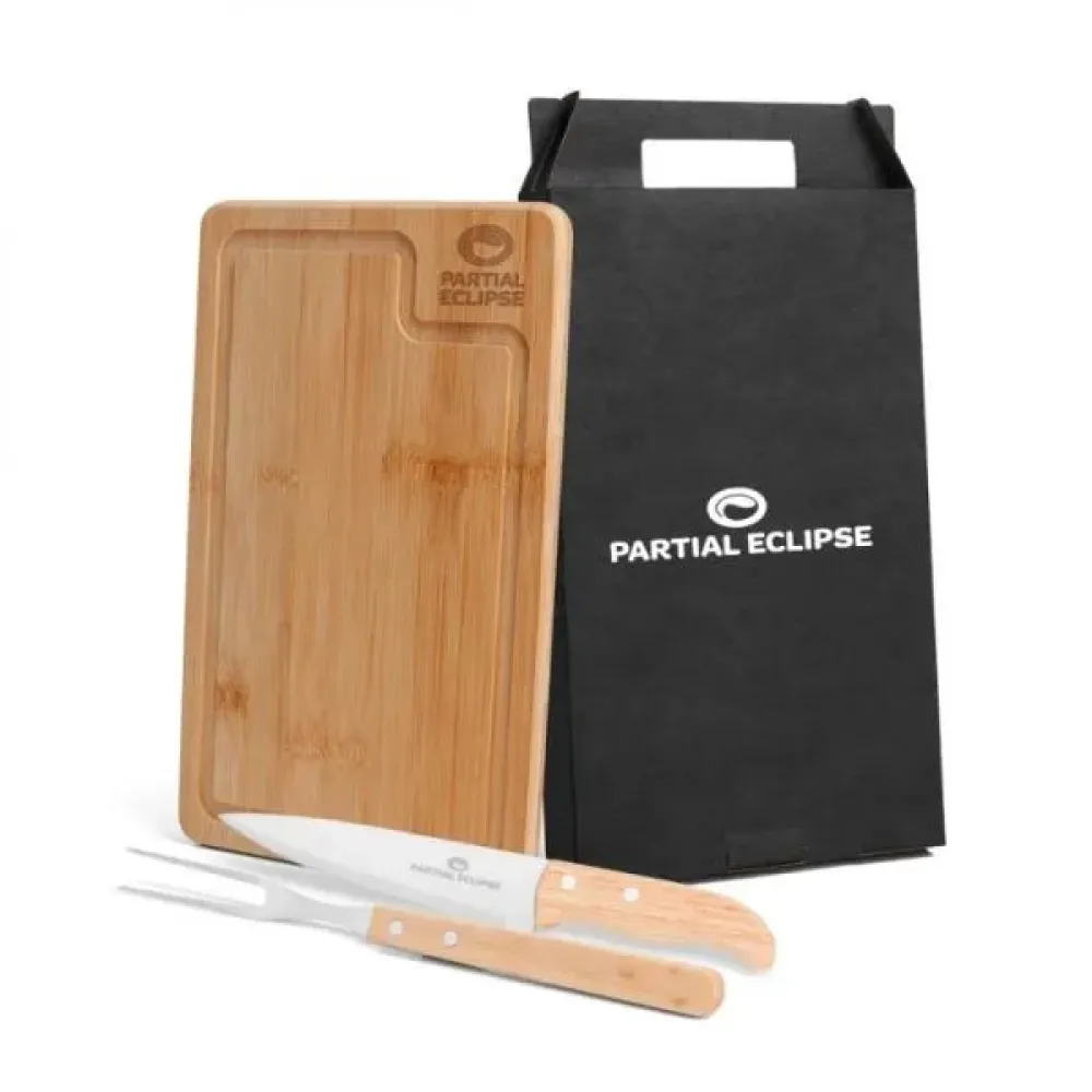 CONJ. PARA CHURRASCO EM BAMBU / INOX / MADEIRA - 3 PÇS.