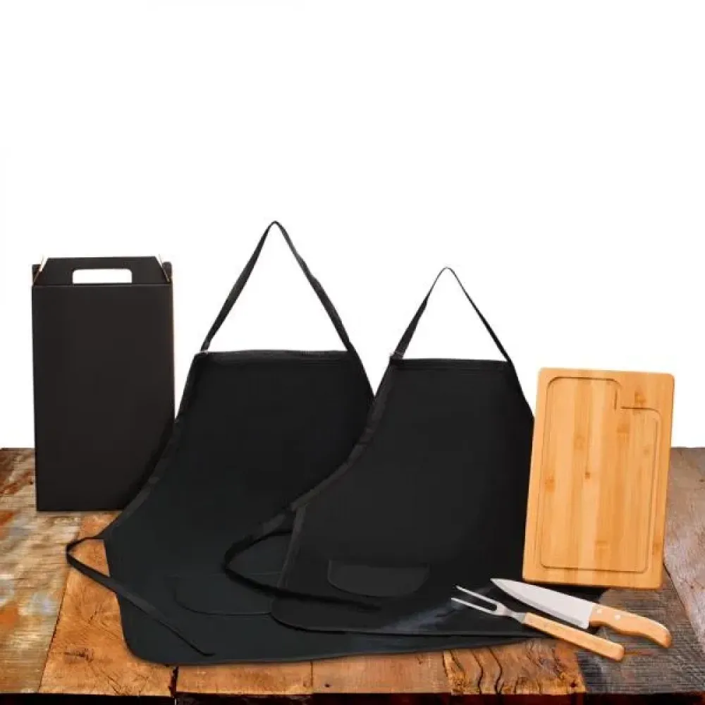 CONJ. PARA CHURRASCO COM AVENTAL E AVENTAL MINI - 5 PÇS