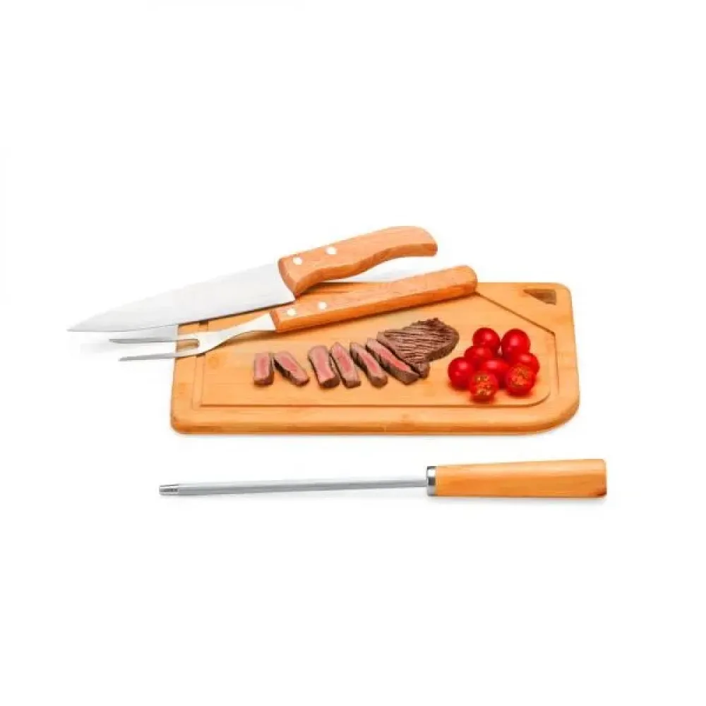 CONJ. PARA CHURRASCO EM BAMBU / INOX / MADEIRA - 4 PÇS