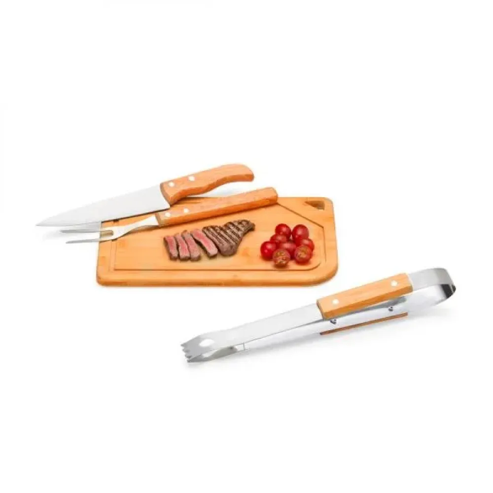 CONJ. PARA CHURRASCO EM BAMBU / INOX / MADEIRA - 4 PÇS