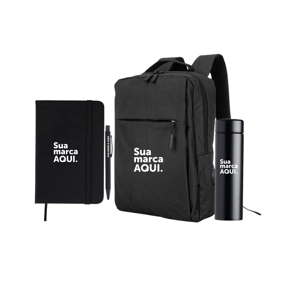 Mochila de Nylon USB 20L + Garrafa Térmica 500ml + Caneta Metal + Caderneta em Percalux-KT-115