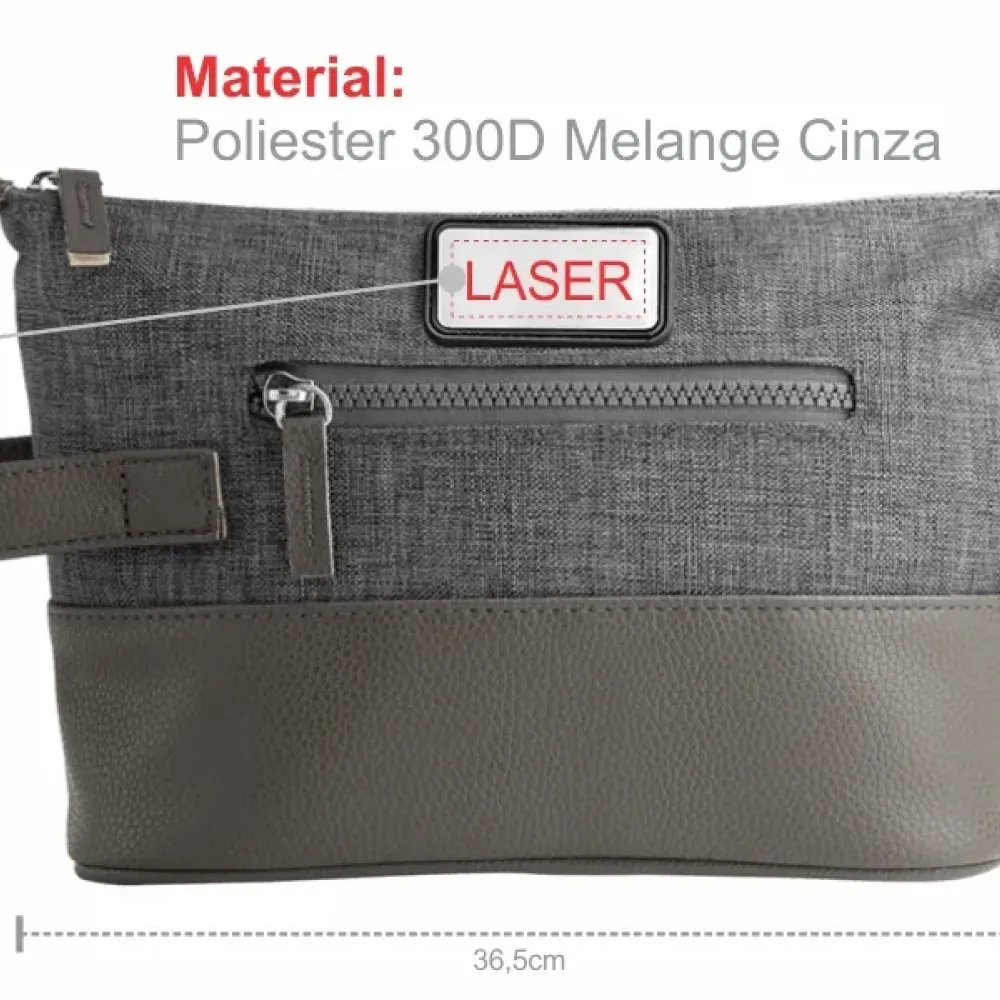 NECESSAIRE EM POLIESTER 300D COM DETALHES EM COURO - CINZA
