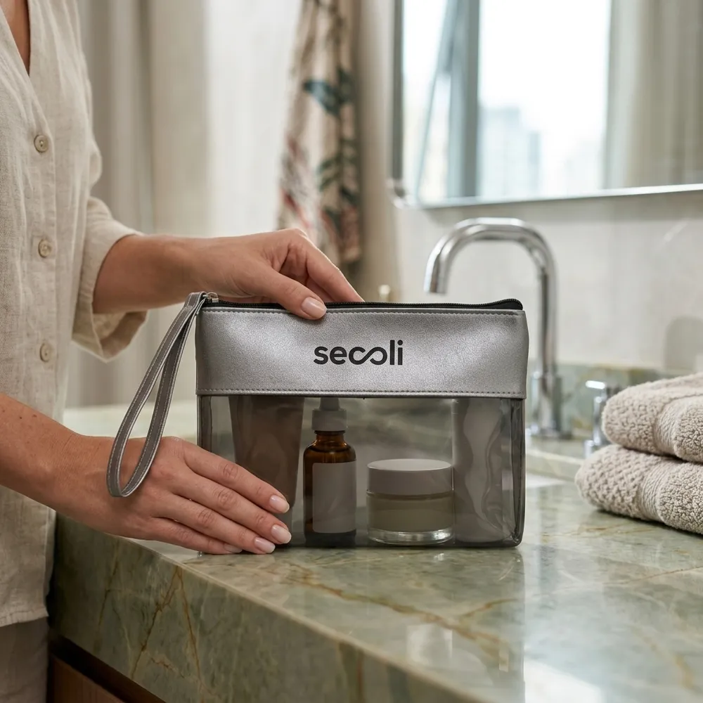Necessaire Transparente com Aba em Couro Sintético