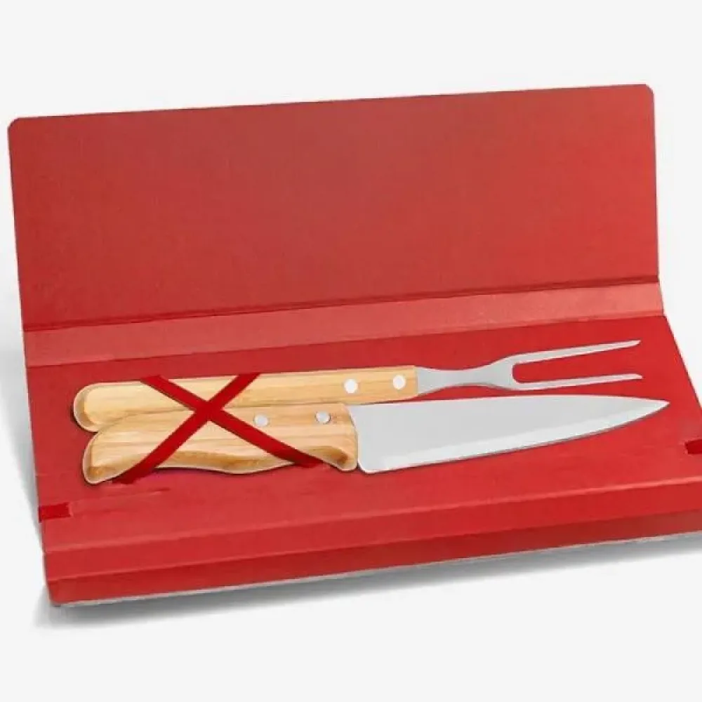 CONJ. DE GARFO E FACA INOX / MADEIRA / BAMBU COM ESTOJO VERMELHO - 3 PÇS