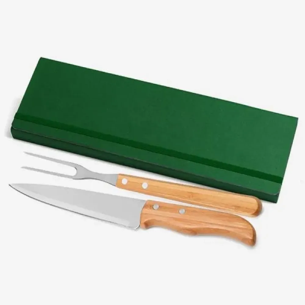 CONJ. DE GARFO E FACA INOX / MADEIRA / BAMBU COM ESTOJO VERDE - 3 PÇS