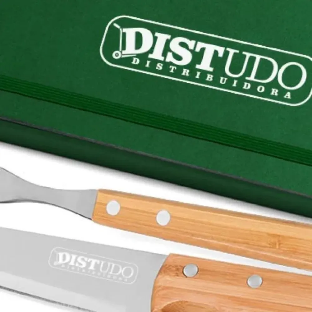 CONJ. DE GARFO E FACA INOX / MADEIRA / BAMBU COM ESTOJO VERDE - 3 PÇS
