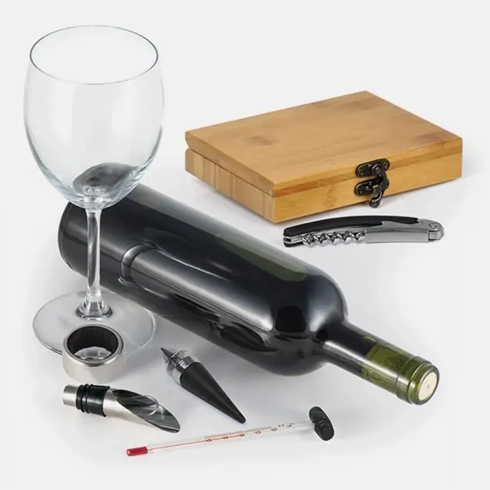 KIT PARA VINHO COM ESTOJO EM BAMBU - 6 PÇS