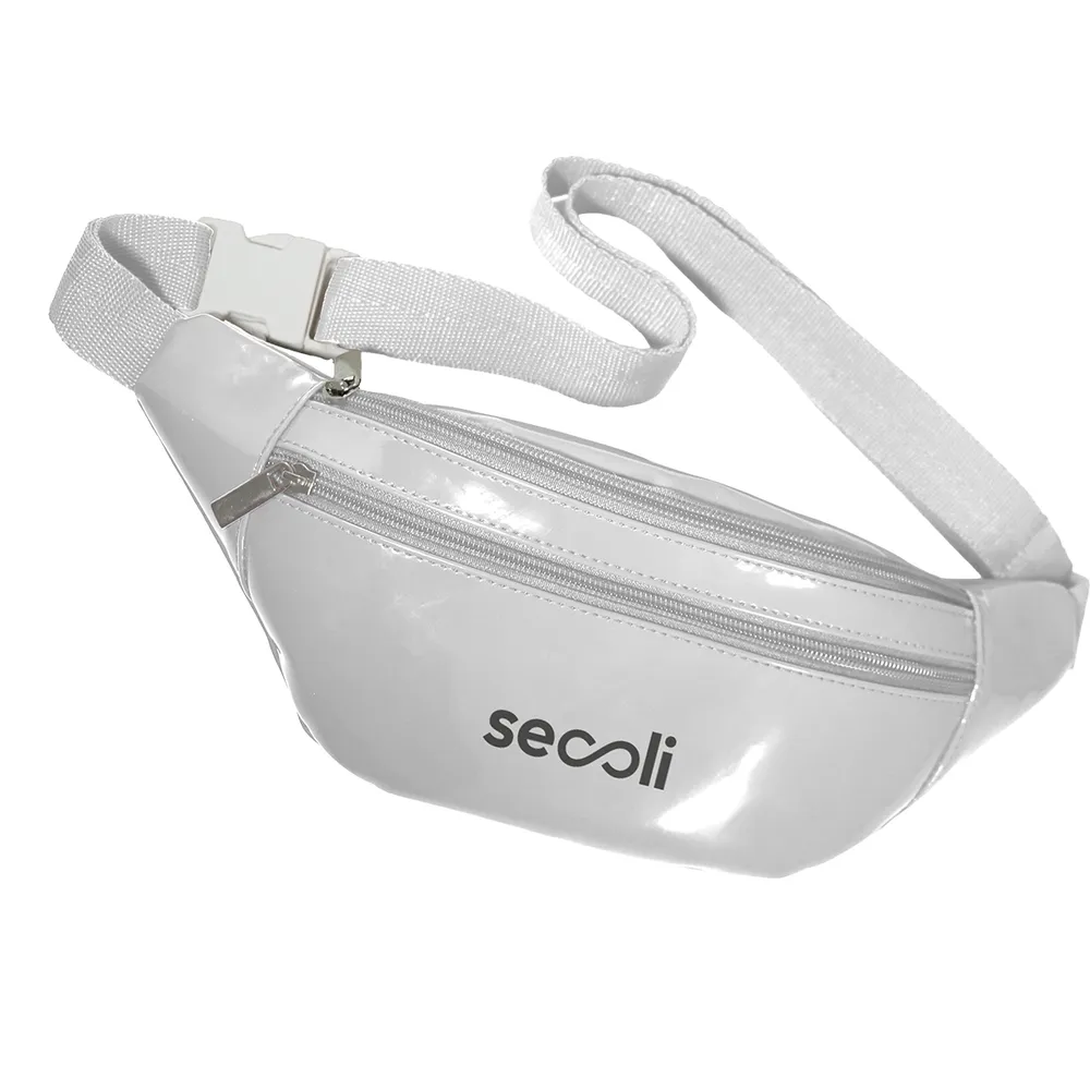 Pochete meia lua com zíper superior duplo e bolso frontal, cinto ajustável com fecho lateral