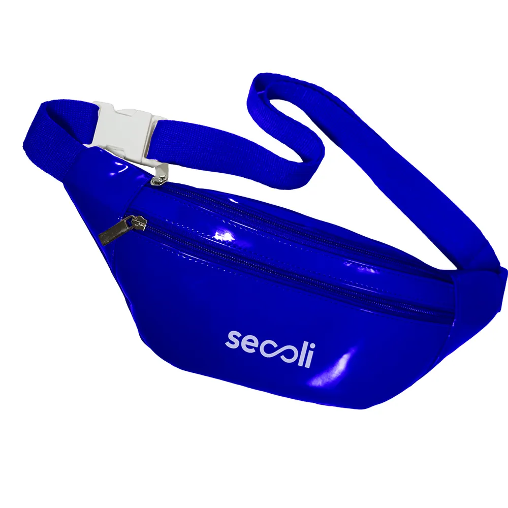 Pochete meia lua com zíper superior duplo e bolso frontal, cinto ajustável com fecho lateral
