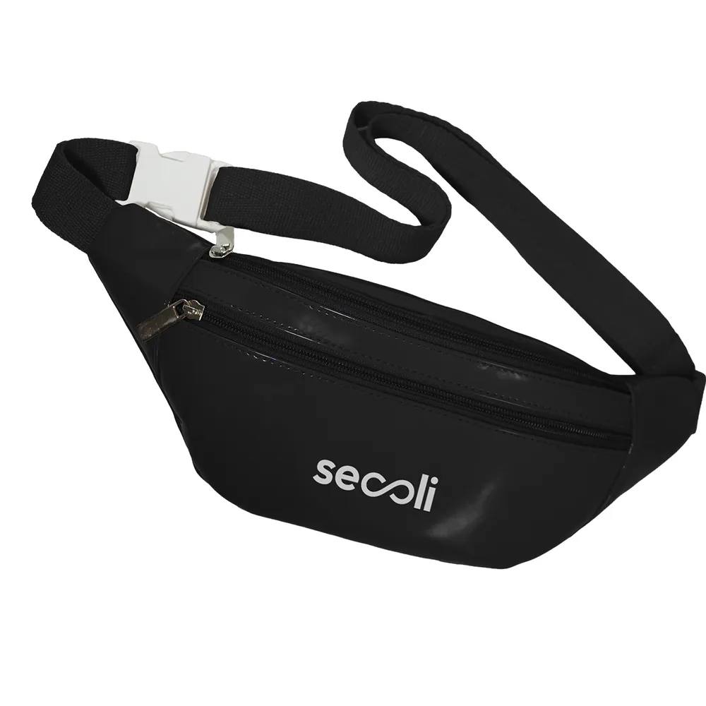 Pochete meia lua com zíper superior duplo e bolso frontal, cinto ajustável com fecho lateral