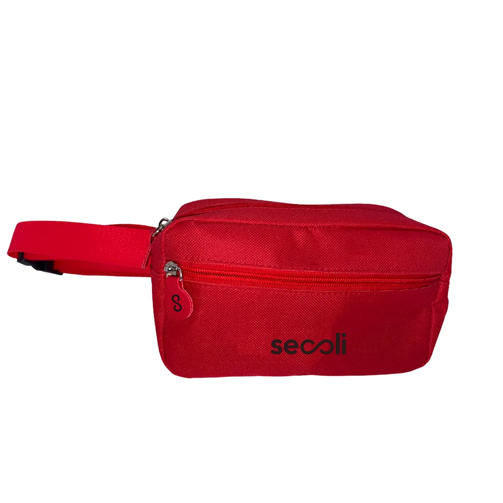 Pochete retangular dupla com zíper superior, bolso frontal e cinto ajustável
