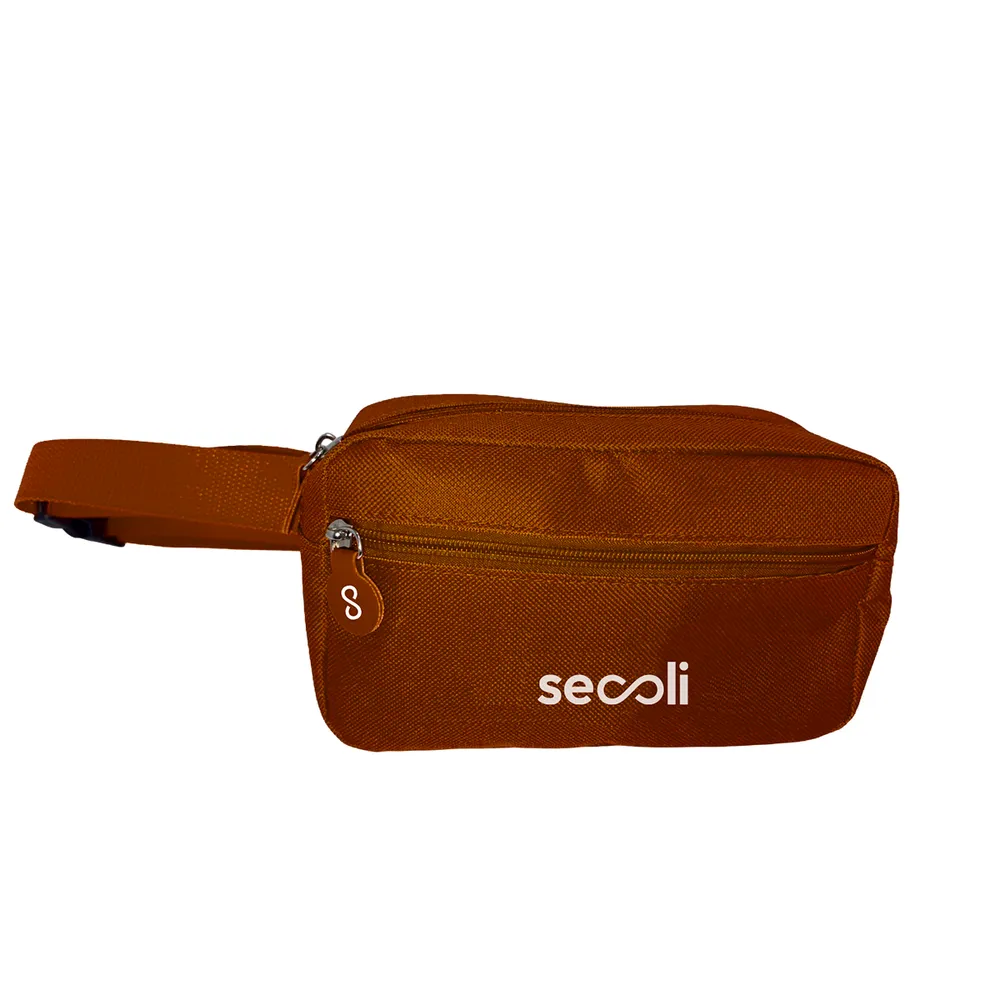 Pochete retangular dupla com zíper superior, bolso frontal e cinto ajustável