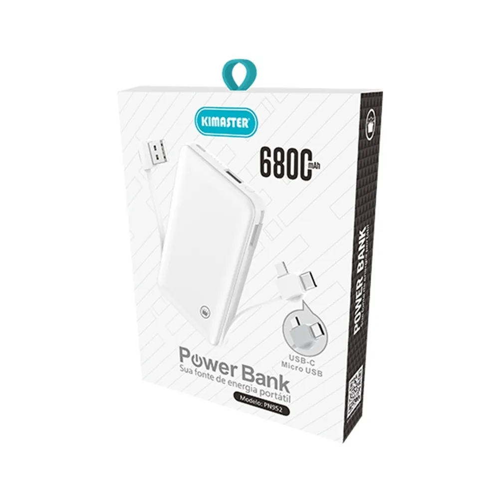 Power bank slim com cabo removível 12800mAh 