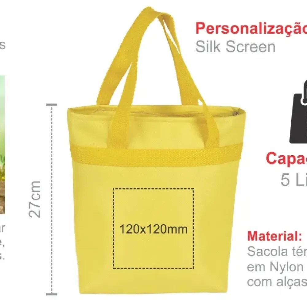 SACOLA TÉRMICA EM NYLON 600 - AMARELA - 5L - 20,5X8X27CM