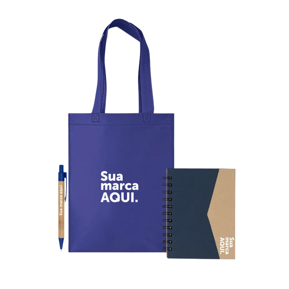 Sacola de TNT + Caneta Ecológica de Bambu + Caderno Ecológico com Autoadesivos-KT-110