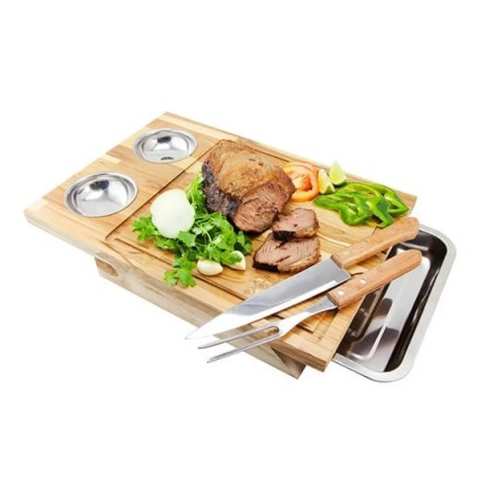 Tábua para Churrasco de Madeira Teca com Bandeja em Inox com Faca e Garfo-BC002EV