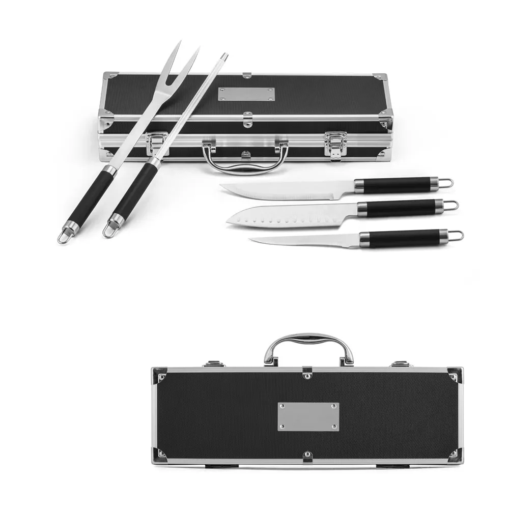 VALASTRO. Kit churrasco em estojo de alumínio com 5 utensílios em aço inox e alumínio-003MRP94109