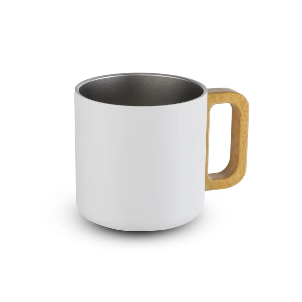 Caneca térmica com alça em madeira