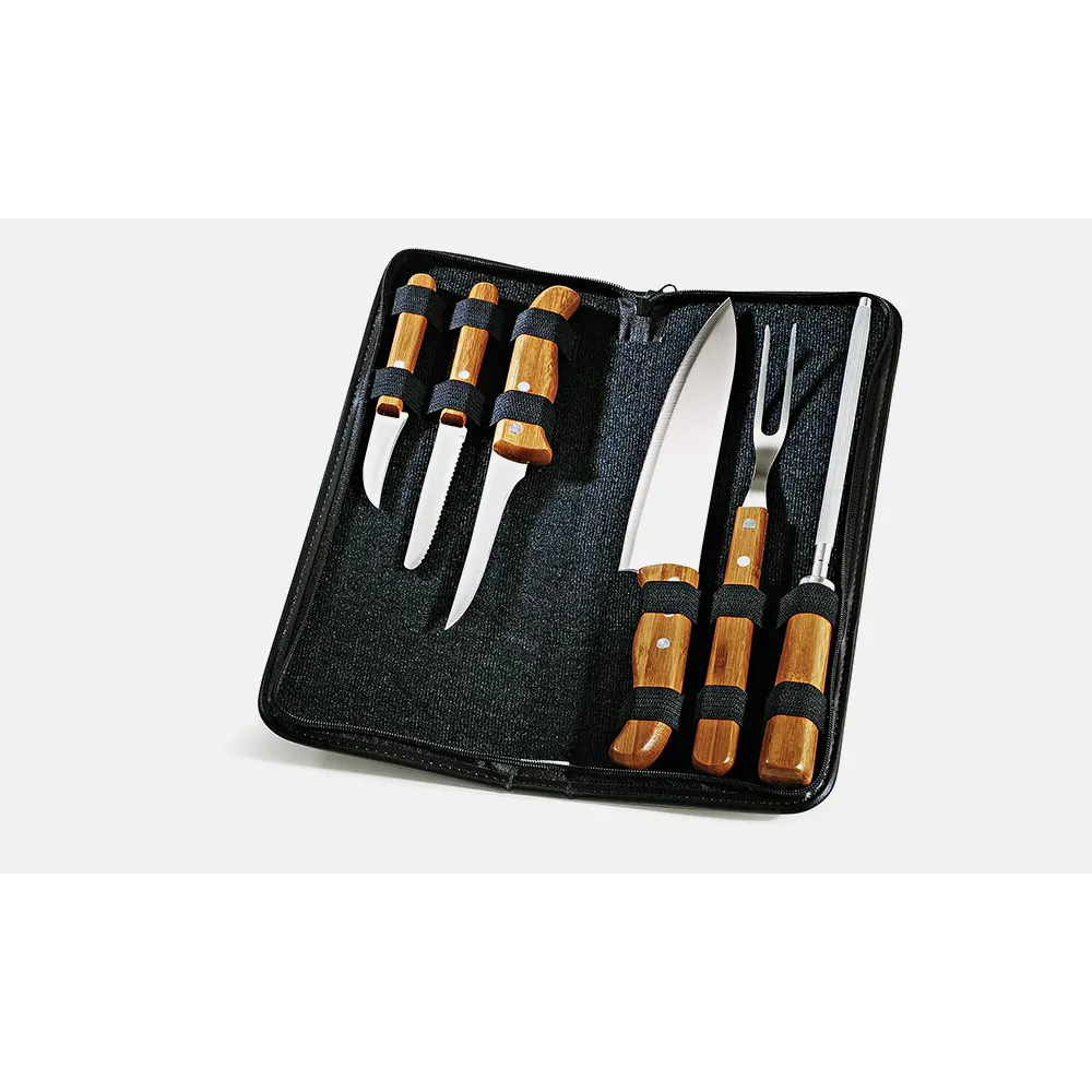 Kit de facas, garfo e chaira inox / bambu com estojo mod. KT-005