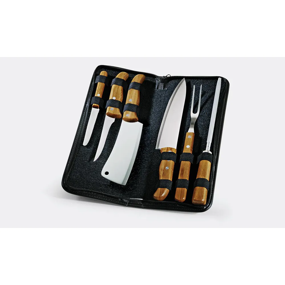 Kit de facas inox e bambu com garfo e estojo 7 Pçs mod. KT-004