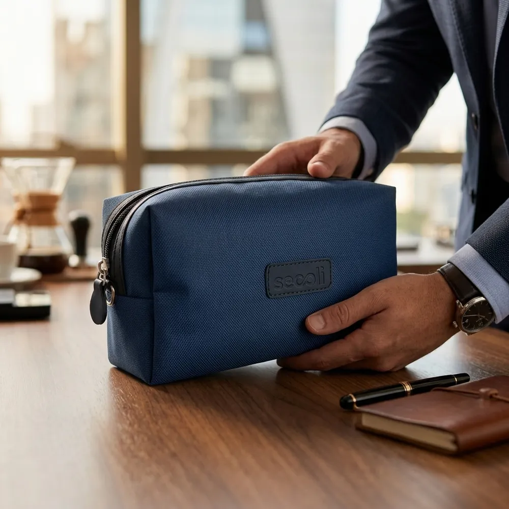 Necessaire em Tecido com Etiqueta em Couro