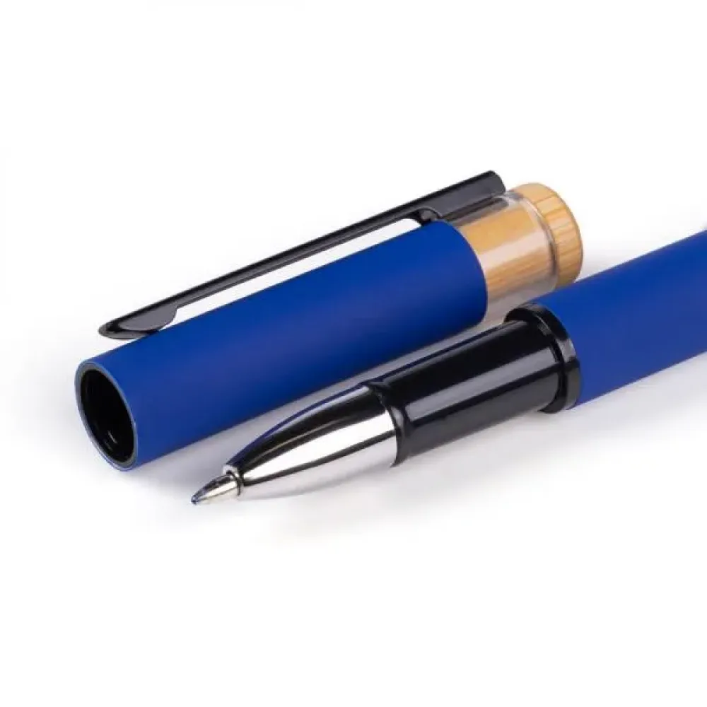 CANETA ROLLER EM ALUMÍNIO RECICLADO /  BAMBU - AZUL